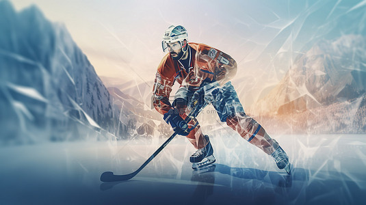 曲棍球运动员在群山和森林环绕的溜冰场滑冰的多边形风格 3D 插图