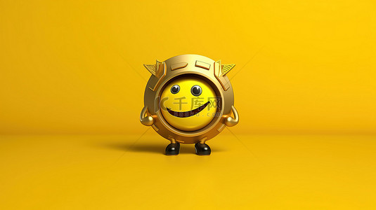 充满活力的金色奖金硬币吉祥物，带有抽象充电电池和 3D 渲染中黄色背景的忠诚者
