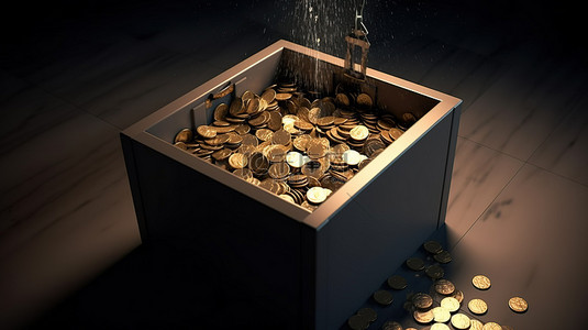 预算和储蓄概念 3d 硬币从盒子里漂浮出来