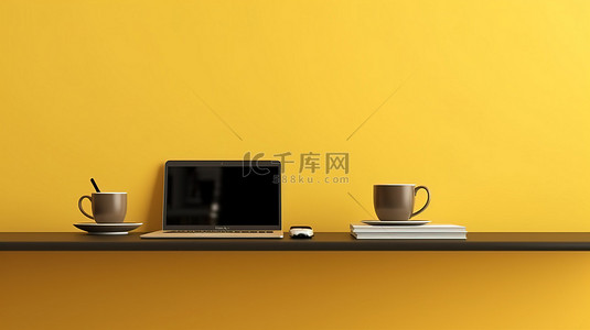 时尚而独特的最小概念，为您的工作站 3D 渲染办公桌上的黑色和黄色笔记本电脑