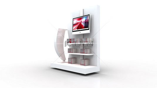 时尚液晶展示架，带杂志架 3D 渲染白色背景贸易展摊位