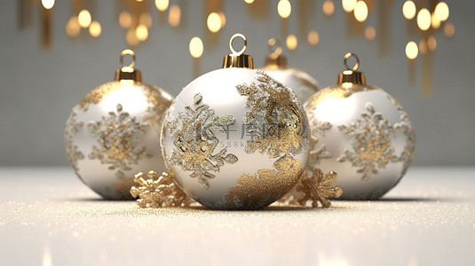 闪闪发光的金色圣诞装饰品 3D 渲染图像