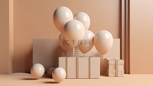 气球礼盒背景背景图片_豪华米色主题气球礼盒 3D 渲染与讲台展示商业广告理想礼品设计行业卡通插图