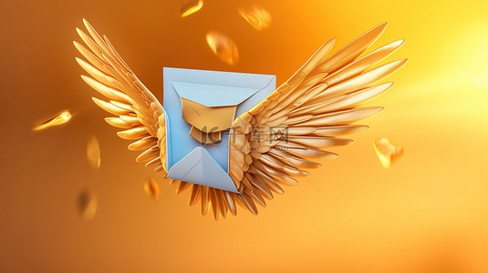 飞行信封翅膀的 3D 渲染插图，象征着时事通讯和在线电子邮件通知的传入邮件