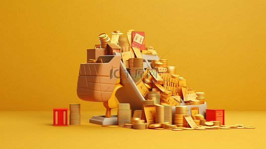购物金币背景图片_零售店购物袋和堆叠信用卡与金币 3D 渲染