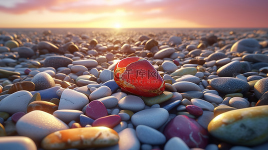 充满活力的日落海滩场景与 3D 渲染的彩色鹅卵石