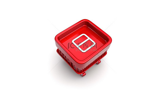 红色的手推车背景图片_孤立的白色背景，带有 3D 渲染的方形按钮图标和轮子上的红色购物车