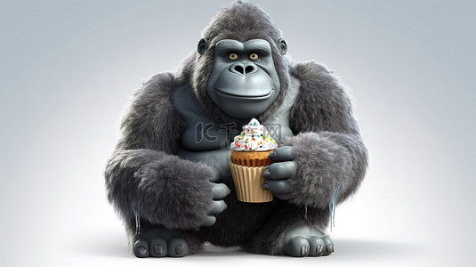 纸杯蛋糕卡通背景图片_搞笑的 3D 大猩猩抓着纸杯蛋糕
