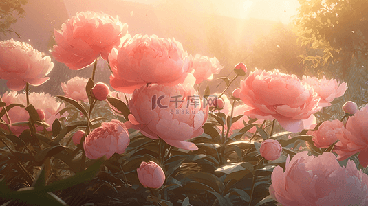 红色阳光背景图片_粉色芍药花植物叶子阳光自然背景