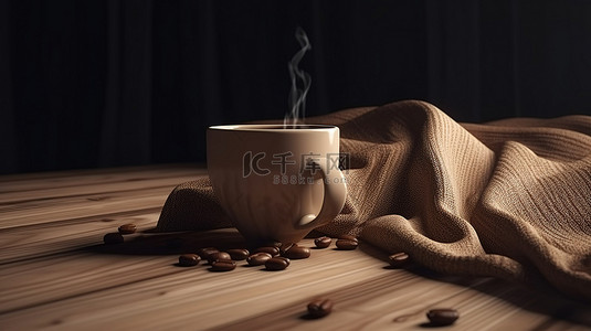 桌上牛奶背景图片_棕色织物在 3D 咖啡杯渲染中装饰木桌