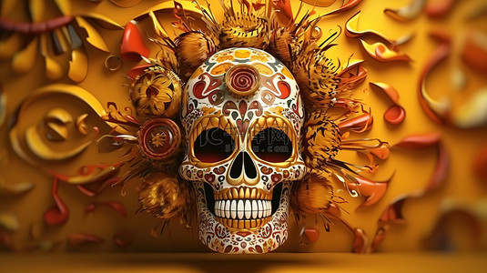 令人惊叹的 3D 渲染，其中有墨西哥头骨，装饰着充满活力的棕色和黄色色调