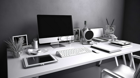 现代办公桌，配有电脑配件和 3D 渲染装饰