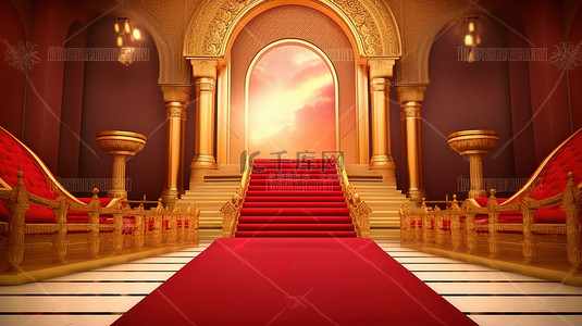 金色的柱子和蔓藤花纹风格环绕在 3d 红地毯可视化上的国王宝座