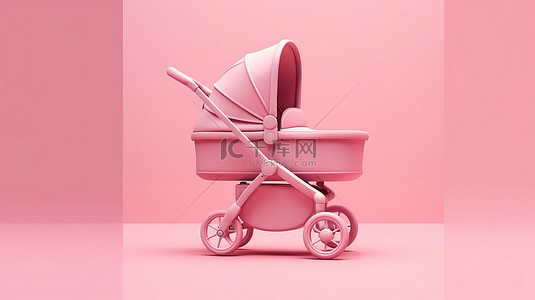 现代婴儿车婴儿车和婴儿车在充满活力的背景上的粉色 3D 渲染