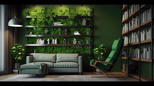 具有绿色工业风格的客厅的 3D 渲染