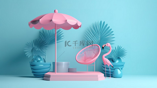 夏季主题讲台，带椅子沙滩伞沙滩充气蓝色火烈鸟和游泳池，3D 渲染，用于促销产品