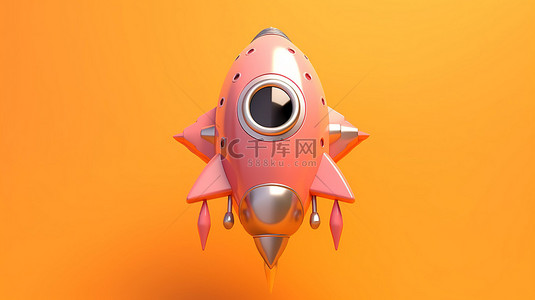 橙色卡通火箭船在粉红色背景中翱翔的 3D 插图，具有充足的复制空间