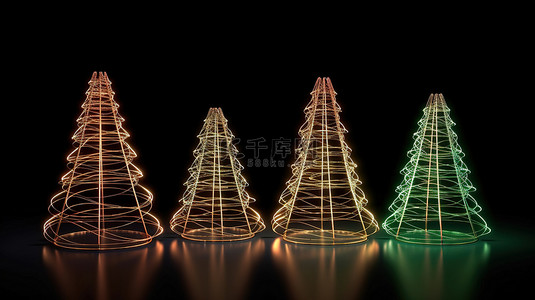 创意贺卡背景图片_3D 渲染的一套时尚圣诞树，由红米色和绿色金属线制成