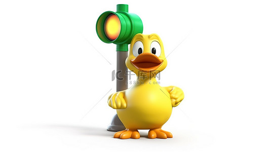 迷人的白色背景展示了拿着绿色交通灯的令人愉快的黄鸭吉祥物角色的 3D 渲染
