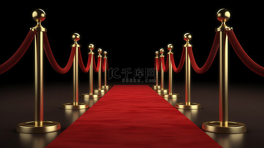 豪华的 3D 渲染金色支柱和红地毯创造了优雅的天鹅绒绳屏障