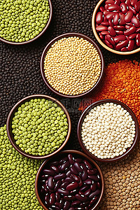 来自南美的不同碗中的九种不同的豆子，色彩缤纷的食物