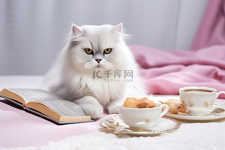 马卡龙背景图片_猫在垫子上拿着杯子