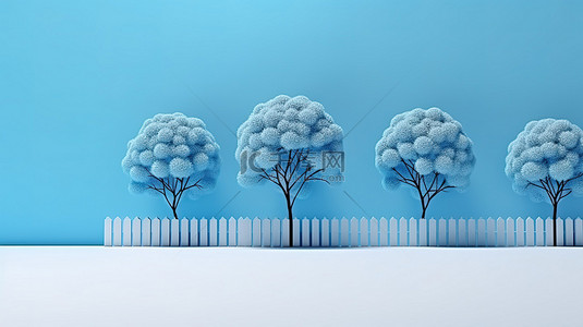 极简风格卡通背景图片_抽象卡通风格3D渲染中的冬日极简主义蓝树和雪篱笆