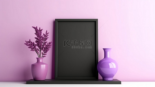 紫色架子支撑倾斜的黑色相框 3D 插图，具有垂直背景和空白样机模板