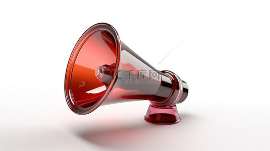 白色单色背景上的红色卡通玻璃扬声器的 3D 插图，代表用于促销目的的扩音器广告