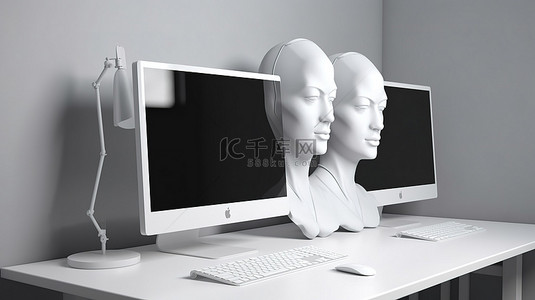 一个模型的特写，一对白人夫妇坐在办公桌上，电脑屏幕为 3D