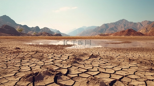 世界肾脏日背景图片_干涸的湖泊和山脉严峻地提醒人们，干旱世界中的环境遭到破坏3D 渲染