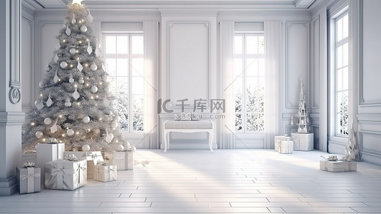 节日背景墙背景图片_节日 3D 渲染以圣诞树为特色，并在明亮的室内呈现