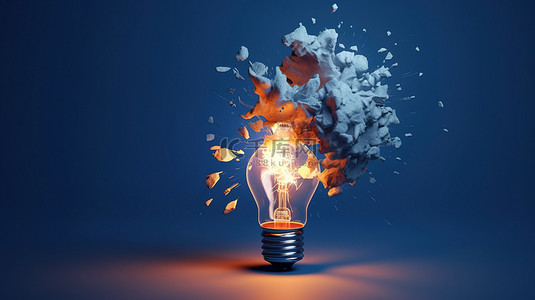 蓝色背景下爆裂的灯泡通过 3D 渲染展示了创造性想法和创造性解决方案