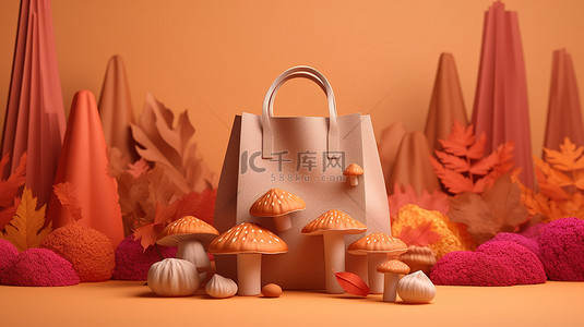 秋季购物的 3D 插图，以袋子和蘑菇为特色，有充足的复制空间
