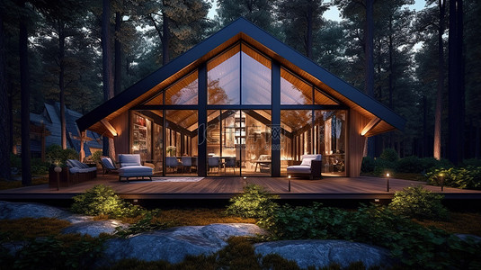 林中木屋背景图片_夜间森林中木屋外观设计的 3D 插图