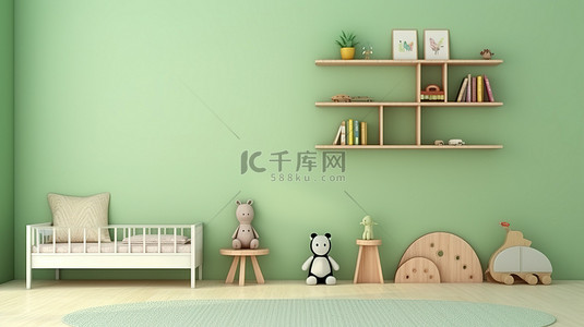 枕头海报背景图片_充满活力的绿色墙壁的俏皮儿童房的 3D 渲染
