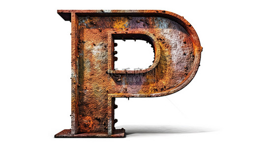 白色背景上大写字母 p 的氧化生锈金属 3d 字体