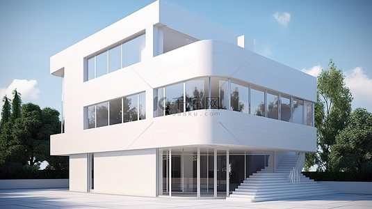 当代建筑项目时尚白色建筑的 3D 渲染