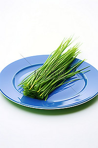 割蔬菜背景图片_蓝色盘子上刚割下的草