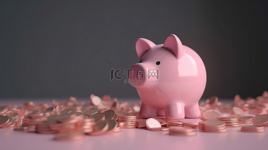 粉红存钱罐储蓄投资概念与 3D 渲染硬币