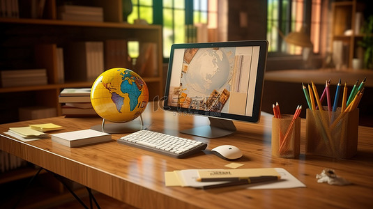 数字教育概念木桌与计算机和在线教育的 3D 渲染