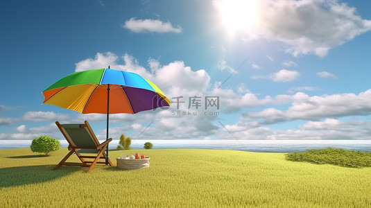 海滩沙滩背景图片_夏日天堂 3D 景观，配有躺椅伞和手提箱