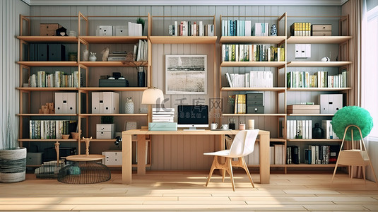 家具3d背景图片_家具齐全的房间，配有电脑桌办公椅和书架 3D 插图