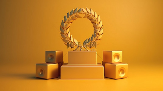 金色纸箱车在获奖者领奖台上展示，配有月桂花环立方体金奖和基座 3D 渲染