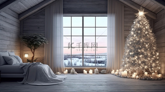舒适的斯堪的纳维亚客厅中的夜间圣诞树 3D 插图