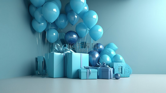 墙上装饰有气球和礼物的蓝色主题 3D 新年快乐文字插图