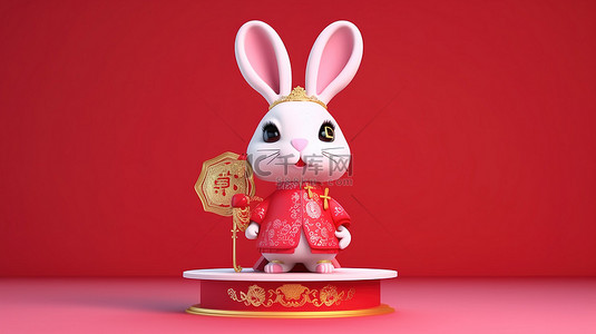穿着中国服装的可爱卡通兔子站在 3D 呈现的充满活力的红色讲台上