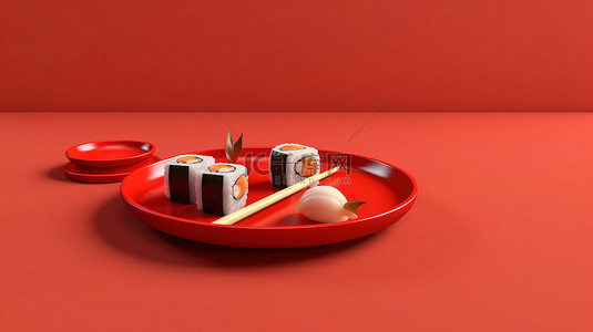 在大胆的红色背景上用筷子供应寿司的简约 3D 渲染