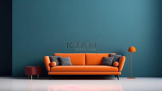 简约室内设计中海军蓝色墙壁和橙色布艺沙发的时尚而充满活力的 3D 渲染