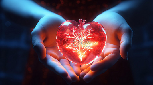 血背景图片_用于捐赠和在线诊断的心脏全息图手技术概念的 3D 插图